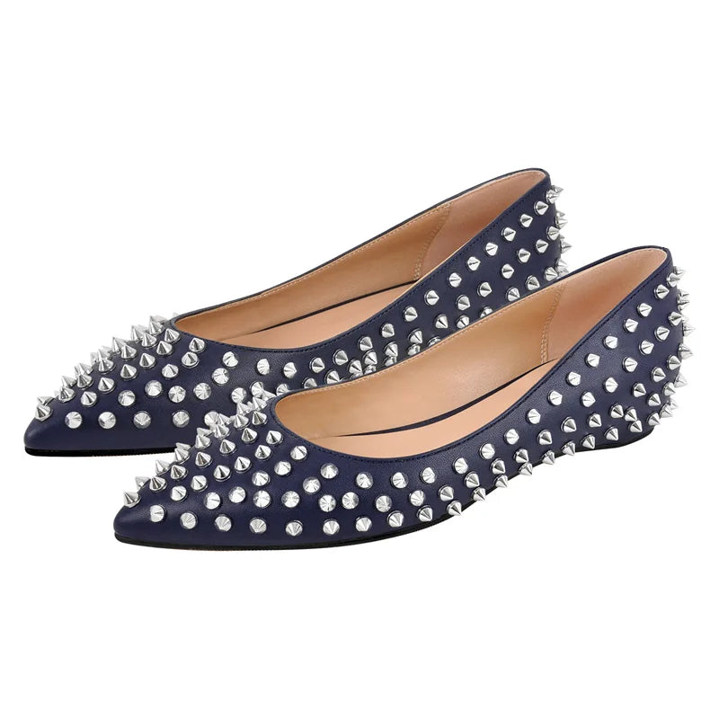 Woman Pointed Toe Rivet Slip On Black Studded Ballet Flat Fashion Elegent Shoes