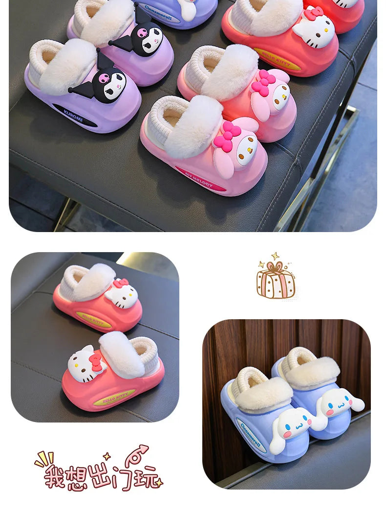 Girls' Home Fur Slippers Kawaii Anti-Skid Warm Cotton Cartoon Plush Waterproof Home Winter Shoes Size 24-41