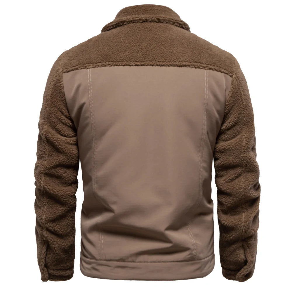 Men's Winter Warm Thick Sherpa Fleece Jacket Patchwork Fur Collar Fashion Casual Work Jackets for Men