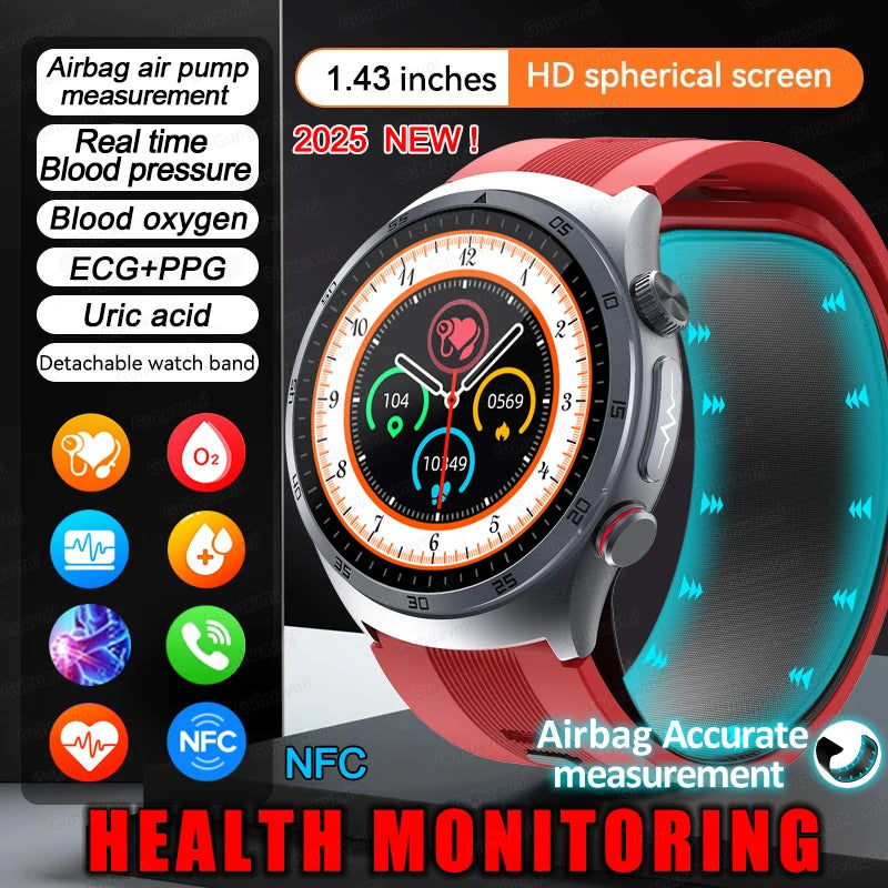 Airbagtype Bloeddruk Smartwatches Bloedzuurstof Sportoproep Gezondheidsmonitoring Saffierglas AMOLED Luchtpomp Smartwatch met NFC