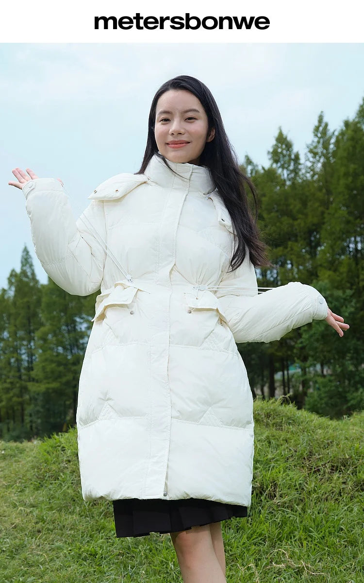 Women's Stand Collar Hooded Long Down Jacket, Waist Adjustable Belted Solid Colour, Thick Puffer Coat Fashionable Korean Style For Ladies