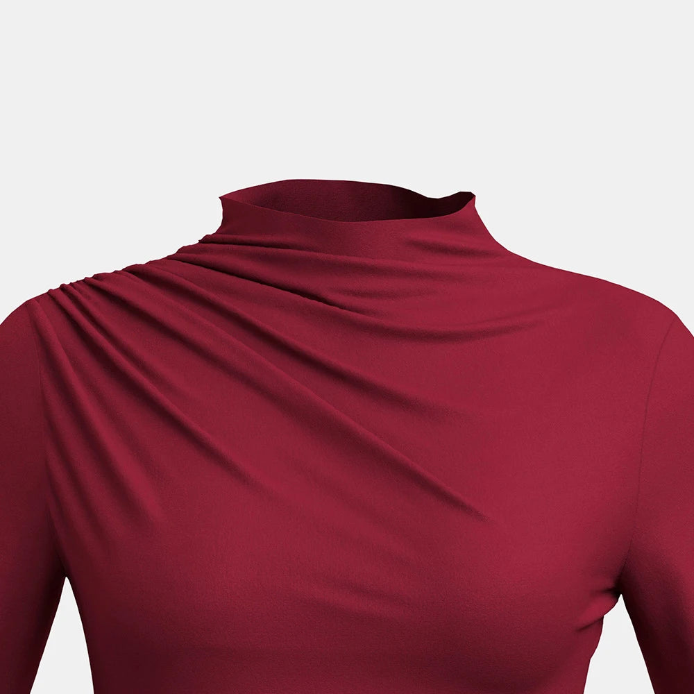 Women's T-Shirts Autumn Slim French Red Long Sleeve High-Neck Ruffle Regular Casual T-Shirts