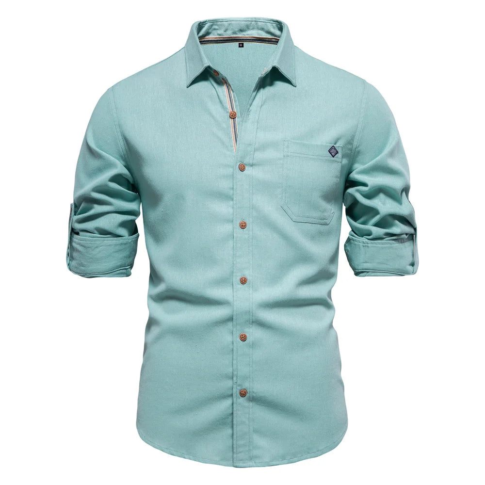 Men's 100% Cotton Social Spring Shirts Single Pocket Solid Colour Long Sleeve Shirts Turn-down Collar For Men