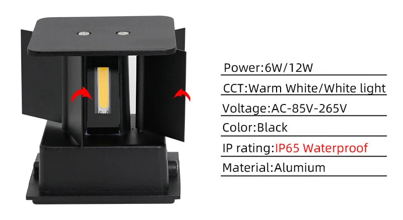Aluminium LED-wandlamp voor buiten, waterdicht IP65, tuinverlichting, 6W 12W, wandlampen voor binnen, slaapkamer, woonkamer, trapverlichting