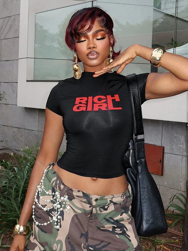 Letter Print Fashion Crop Tops Women Summer Trend o-Neck Mini Sleeve Daily Casual Simple Classic Streetwear T-Shirts