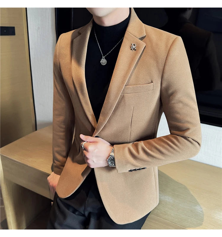 Men's Thickened High-Quality Daily Work Formal Single-Breasted Woollen Coat with Dark Stripe for Autumn and Winter Size S-4XL