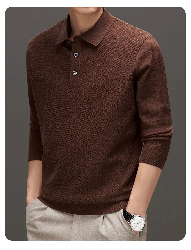 Men's Solid Colour Geometric Pattern Warm Polo, High Quality Woollen Sweater, Suitable For Business Casual & Daily Commute