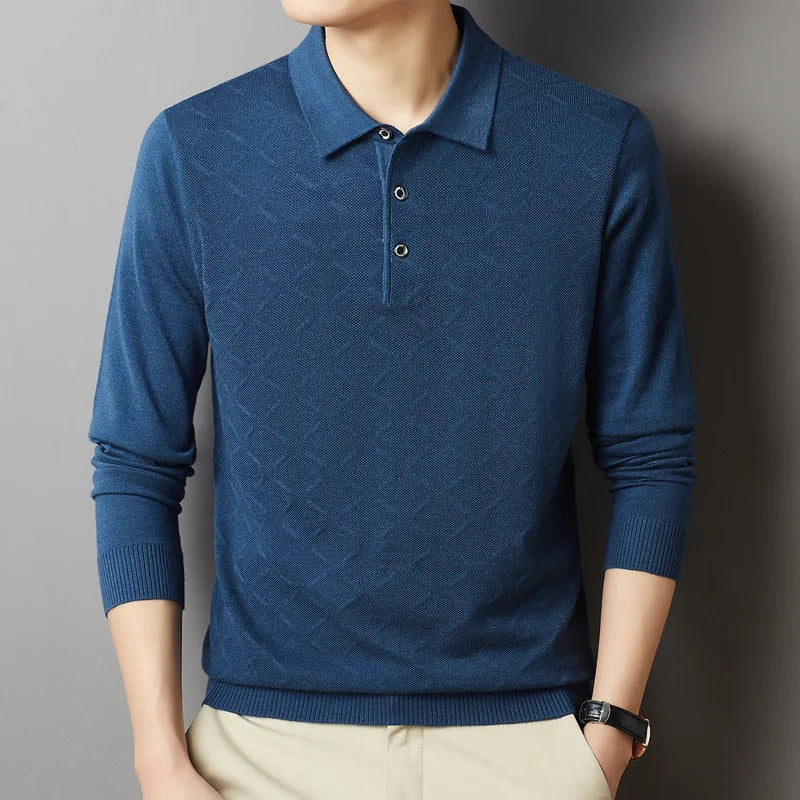 Men's High Quality Woollen Polo Shirt, Blend Fashionable Embroidered Long Sleeve Tee, Korean Style Casual Menswear