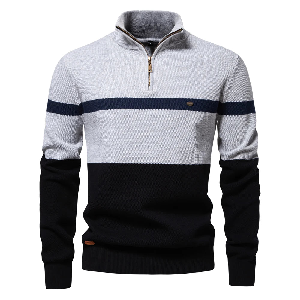 Men's High Quality Cotton Sweater Zipper Mock Neck Pullovers Male Autumn Winter Striped Warm Polo Sweater For Men