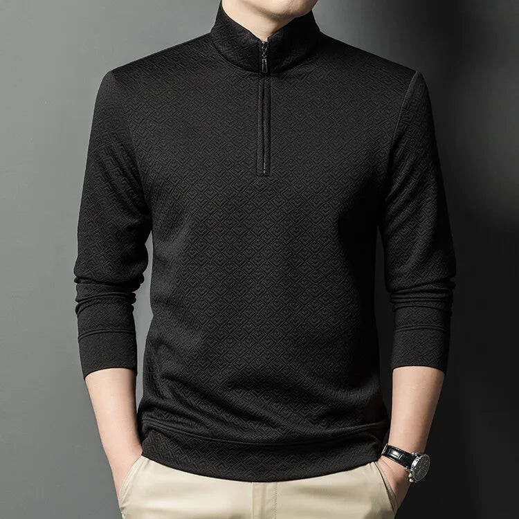 Men's Zipper Stand-Up Collar Long Sleeve T-shirt, Autumn & Winter Fashion Brand Loose Pullover With Advanced Geometric Jacquard Fabric