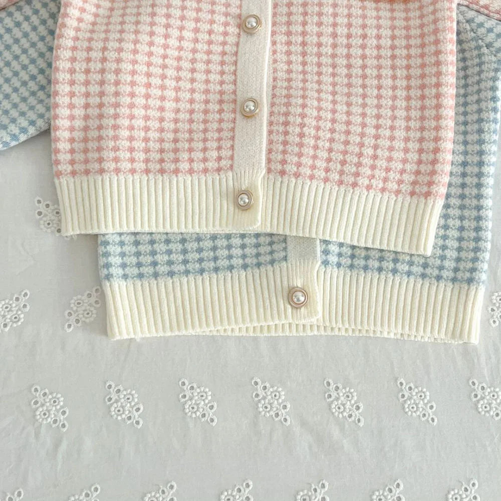 Spring Autumn Children's Clothing Set Girls Plaid Knitted Sweater and Skirt 2PCS Trendy Bow Cardigan Outfit 1-5Y Girls