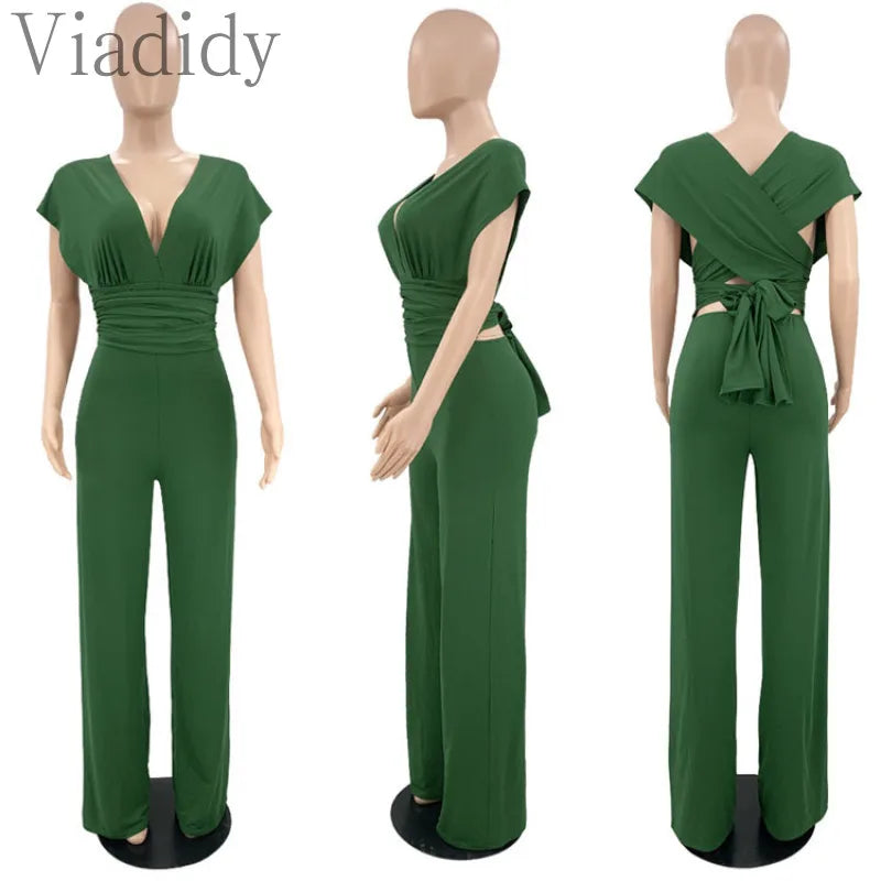 Women Solid Color V-Neck Short Sleeve Slim Waist Back Lace-Up Jumpsuit
