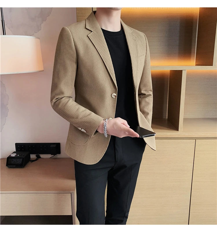 Men’s Waffle Plaid Blazer Coat, Hounds-Tooth Pattern, Wool-Blend Overcoat for Autumn & Winter - Lightweight, Stretchable