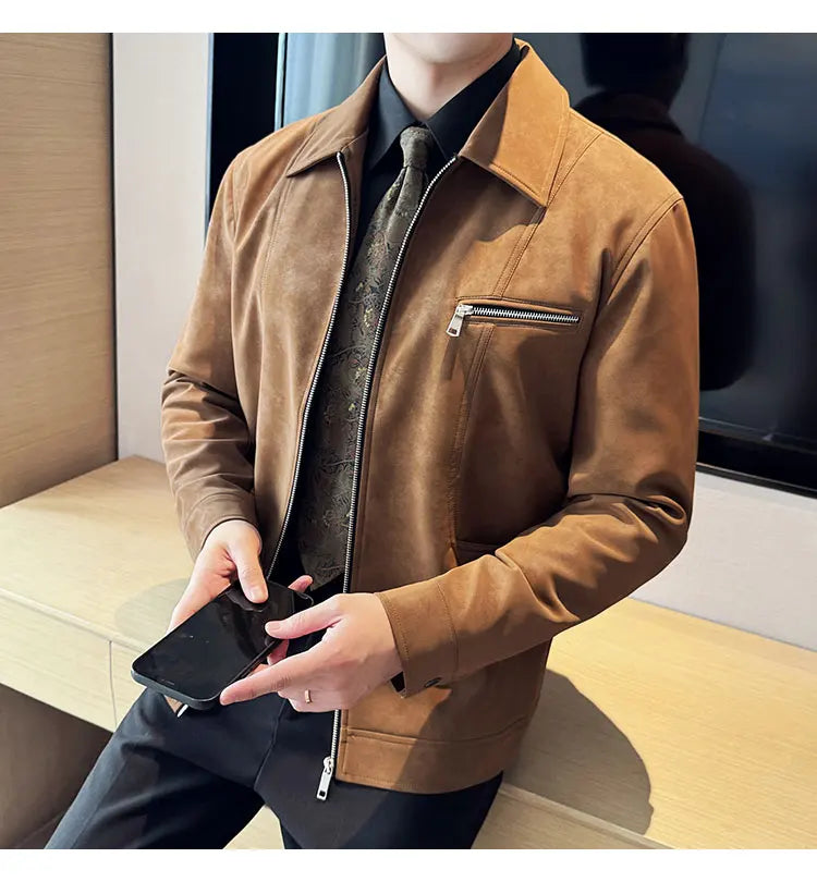 Men's Suede Casual Jacket, Lapel Fashionable Jacket, High-Grade Zipper Decorations, Business Casual Warm Male Coat