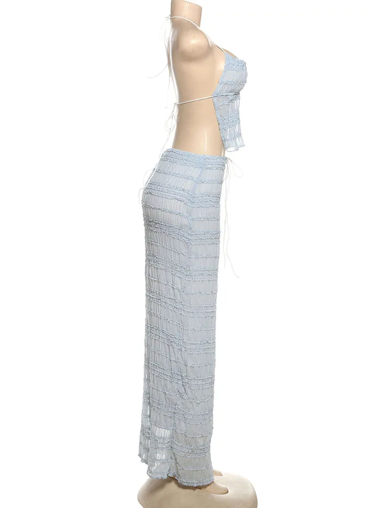 Sexy See-Through 2 Piece Set Women Lace-Up Halter Backless Crop Tops + Ruched Elegant Skirts Vacation Beach Party Suits