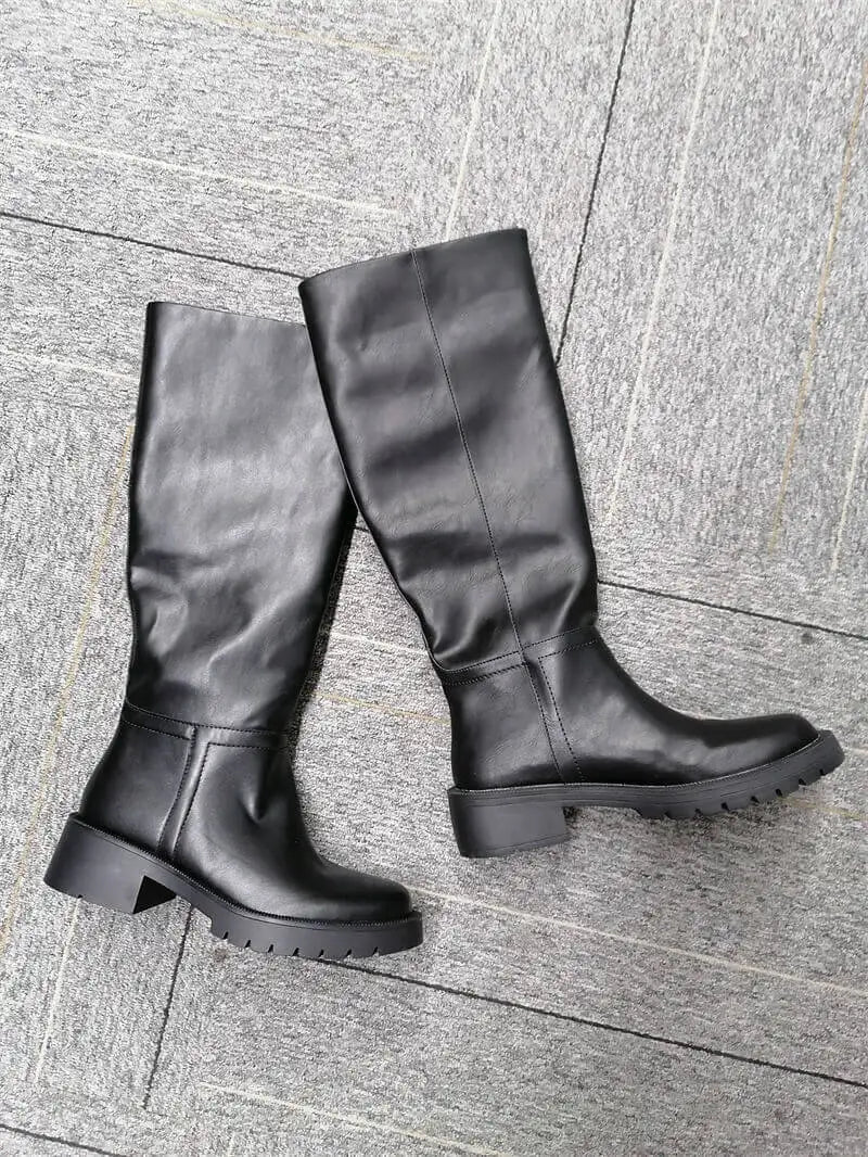 Women Black Matte Knee High Boots High Heeled Winter Warm Woman Fashion Snow Motorcycle Boots