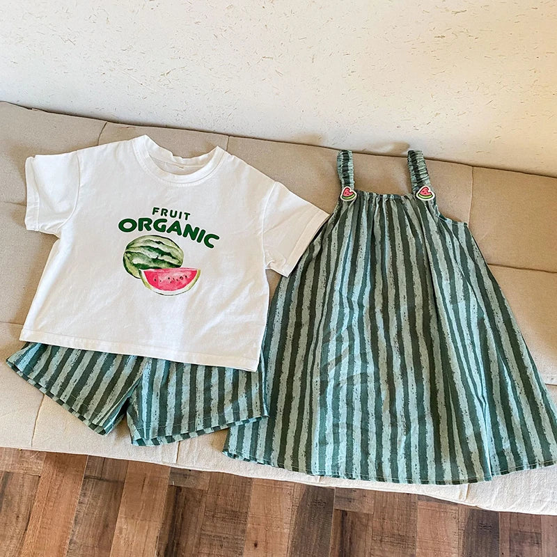 Children's Summer Clothes 2PCs Set Boys' Pure Cotton Striped Tee and Shorts Suit Cute Girls Suspenders Dress Siblings' Outfit Unisex