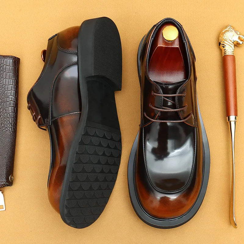 Men's business lace up casual leather shoes British big toe shoes cowhide patent leather round toe derby shoes Retro men's shoes