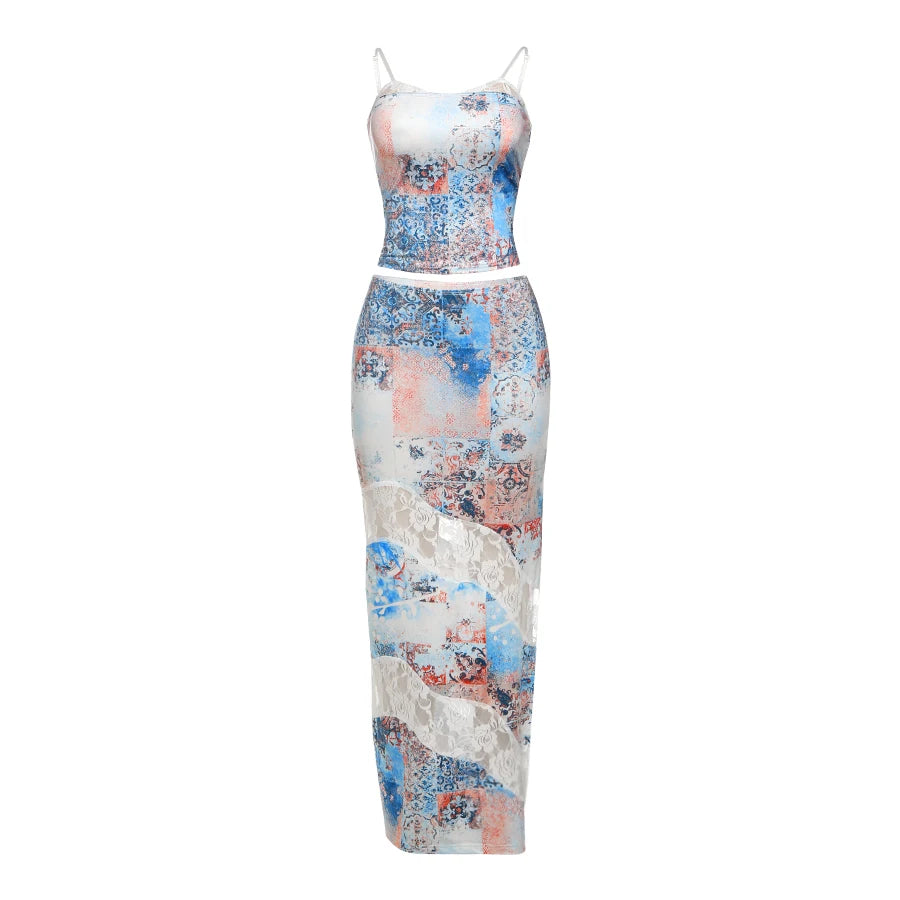 Colourful Fashion Print 2 Piece Set Women Sexy Backless Camisole + Mesh Patchwork Long Skirts Vacation Streetwear Outfits
