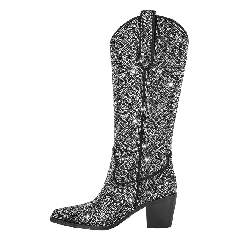 Women Pointed Toe Rhinestone Knee High Western Cowgirl Boots Glitter Bling Shiny Block Heel Lady Boots