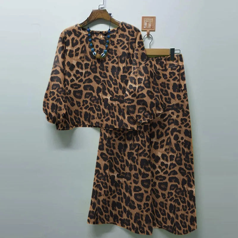 Spring Casual Leopard Printed Suit 3/4 Sleeve O-Neck Blouse Loose Trousers 2PCS Woman Fashion Party Matching Sets