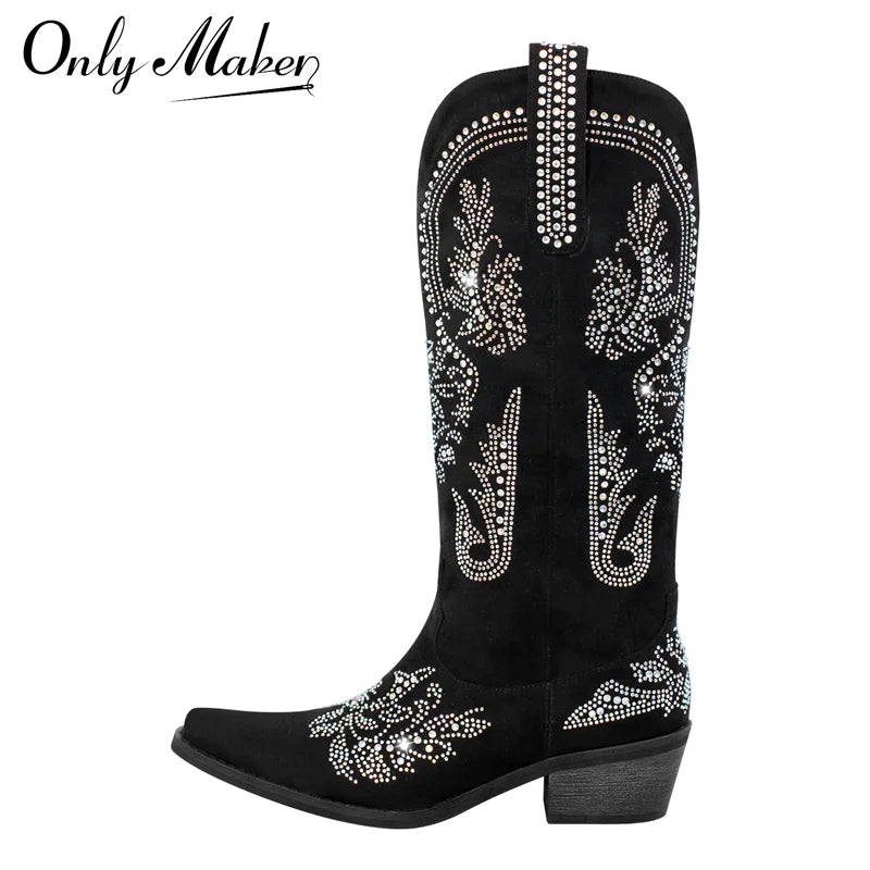 Women Pointed Toe Rhinestone Western Cowboy Boots Black Female Wide Mid Calf Boots