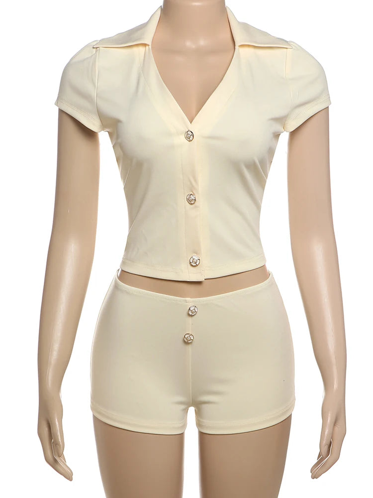 Simple 2 Piece Set Women Lapel Neck Single-Breasted Crop Tops + Bottom Skinny Shorts Daily Casual Home Comfortable Suit