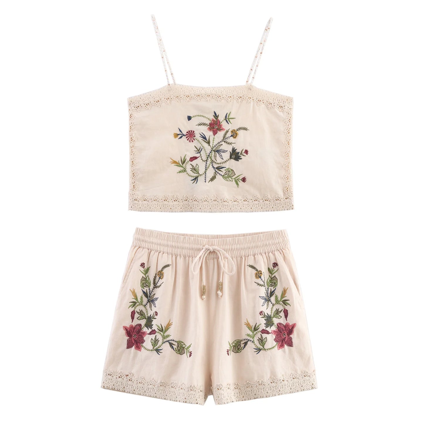 Women's Floral Embroidery Casual Shorts with Elastic Waist And Drawstrings Middle Age Polyester Shorts Summer 2025 Collection