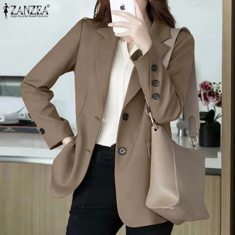 Women's Casual Blazer Elegant Office Lady Long Sleeve Lapel Neck Suit Jackets 2025 Korean Fashion Solid Commute Outerwear