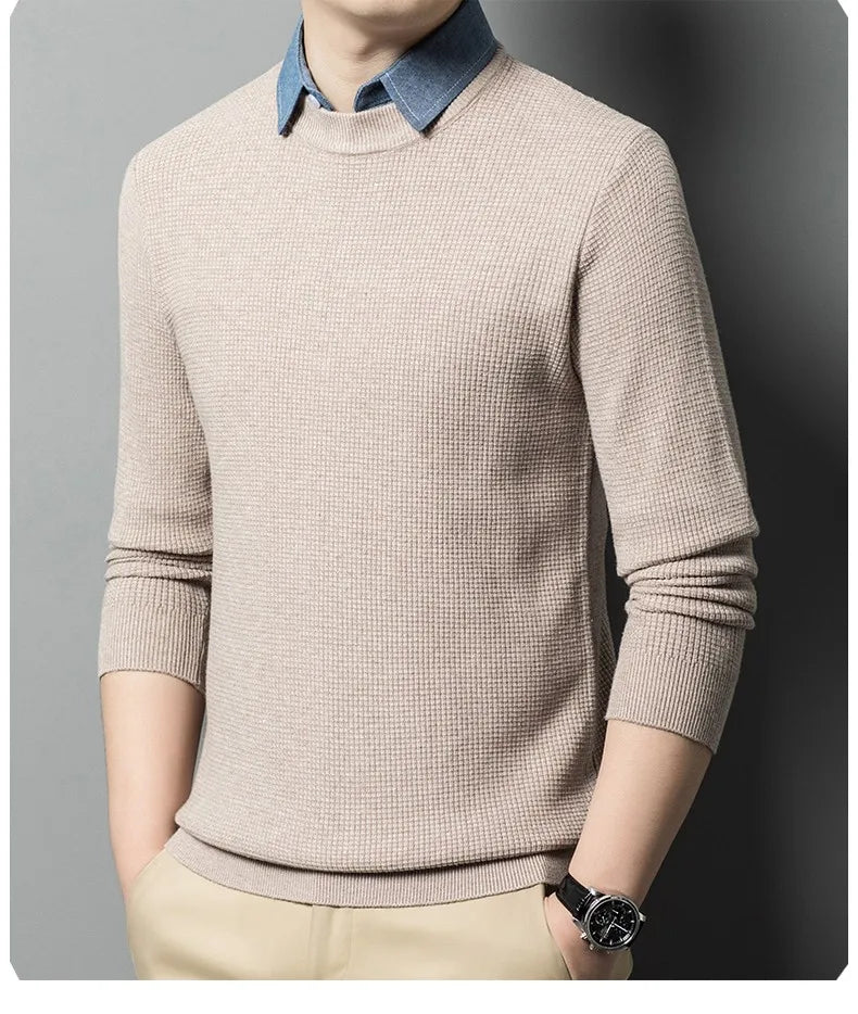 Men's Top Grade Fake Two Collared Fashion, Designer Knitted Pullover Sweater, Casual Brand Slim Fit Male Jumpers