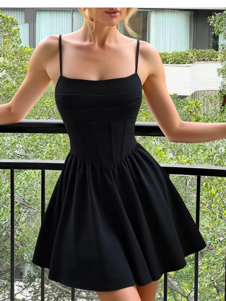 Women's A-Line Mini Short Dresses Square Neck Sleeveless Solid Red Elegant Party Summer Sexy Milkmaid Pleated Dresses