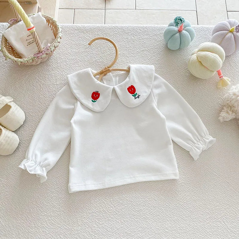 Herfst Baby Onderhemdjes Zoete Borduurwerk Bloem Strik Baby Meisjes Bottoming Shirt Peuter Dunne Kleding Tops 0-3T Meisjes
