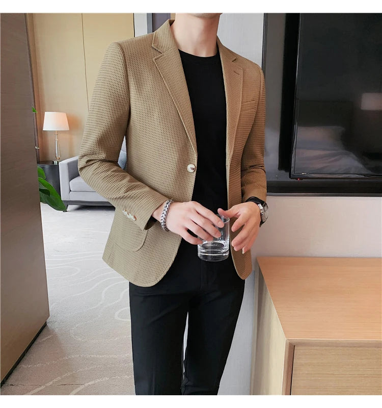Men’s Waffle Plaid Blazer Coat, Hounds-Tooth Pattern, Wool-Blend Overcoat for Autumn & Winter - Lightweight, Stretchable