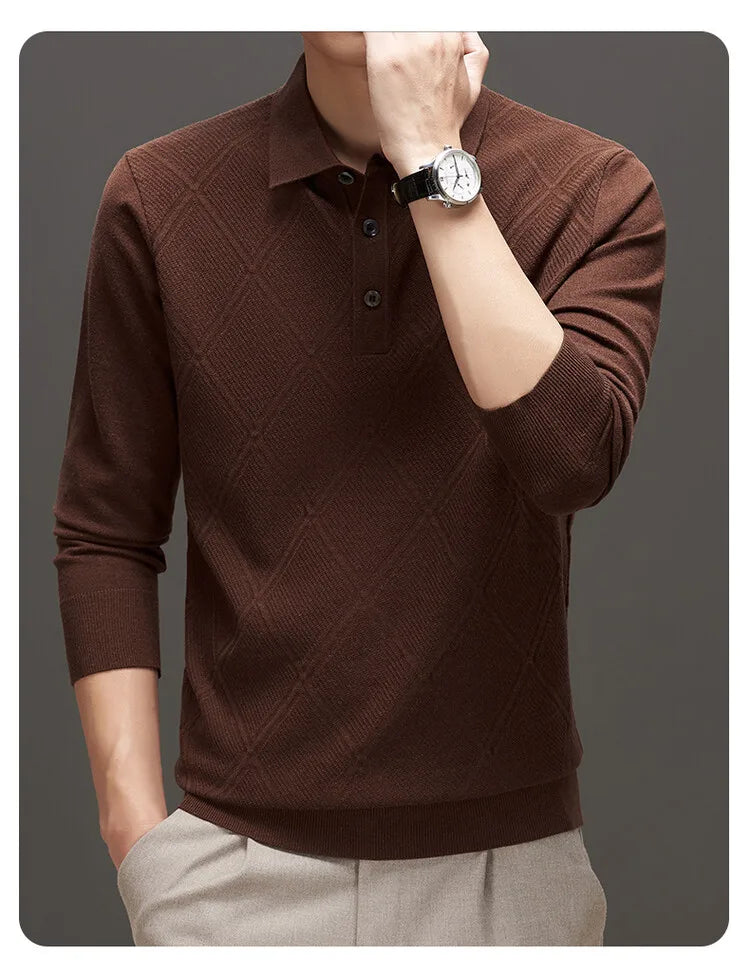 Men's Solid Colour Geometric Pattern Warm Polo, High Quality Woollen Sweater, Suitable For Business Casual & Daily Commute