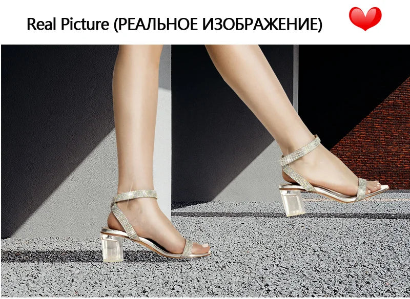 Women Peep Toe Rhinestone Strap Clear Block Chunky Sandals Transparent Perspex Chunky Heels Summer Sandals