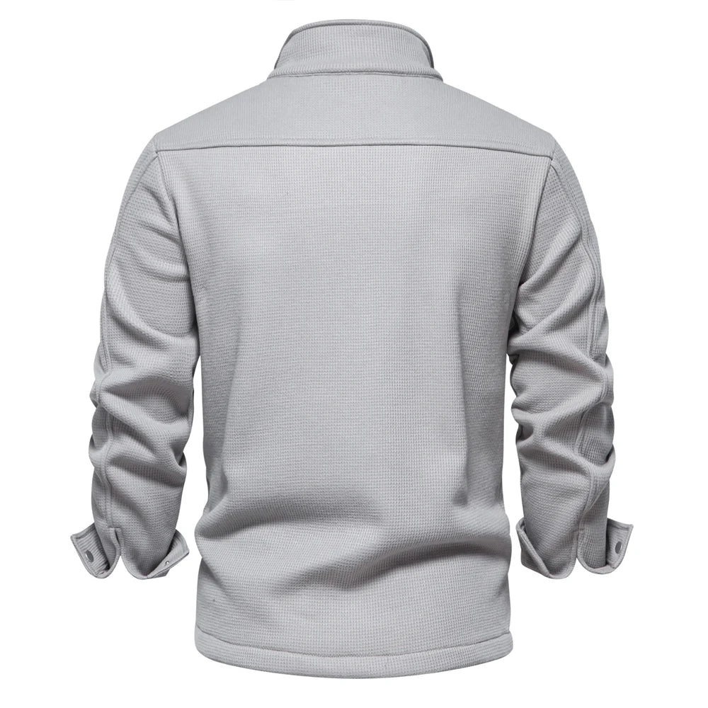 Herrenjacke mit Waffel-Fleece-Futter, dick, warm, mit Tasche, Knopfleiste, Stehkragen, Oberbekleidung, Winterjacken, Mäntel für Herren
