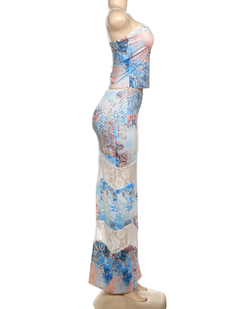 Colourful Fashion Print 2 Piece Set Women Sexy Backless Camisole + Mesh Patchwork Long Skirts Vacation Streetwear Outfits
