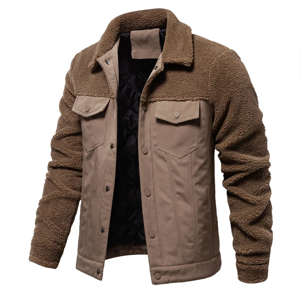 Men's Winter Warm Thick Sherpa Fleece Jacket Patchwork Fur Collar Fashion Casual Work Jackets for Men