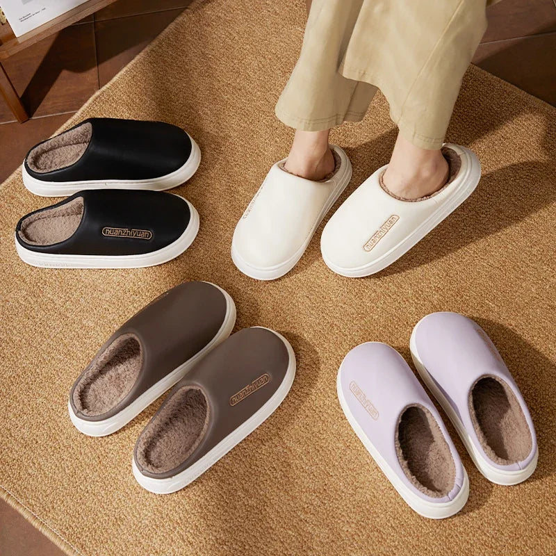 Unisex Anti-slip Waterproof Winter Cotton Slippers Women Men Home Indoor Warm House Shoes Couple Soft Flat PVC Sole Footwear
