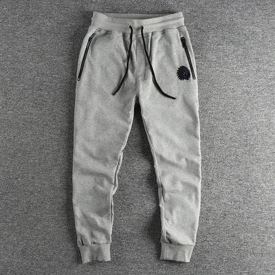 Autumn American Retro Terry Knitted Embroidery Sweatpants Men's Simple Elastic Waist Drawstring Sport Casual Youth Slim Pants