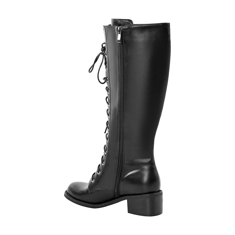 Women Knee High Boots Round Toe Black Matte Gothic Heeled Concise Side Zipper Winter Lace UP Motorcycle Boots