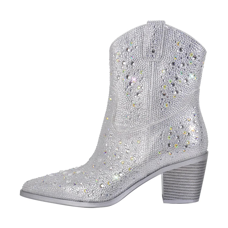 Women Rhinestone Pointed Toe Ankle Boots Silver Glitter Bling Shiny Pretty Gorgeous Dress Cowgirl Boots