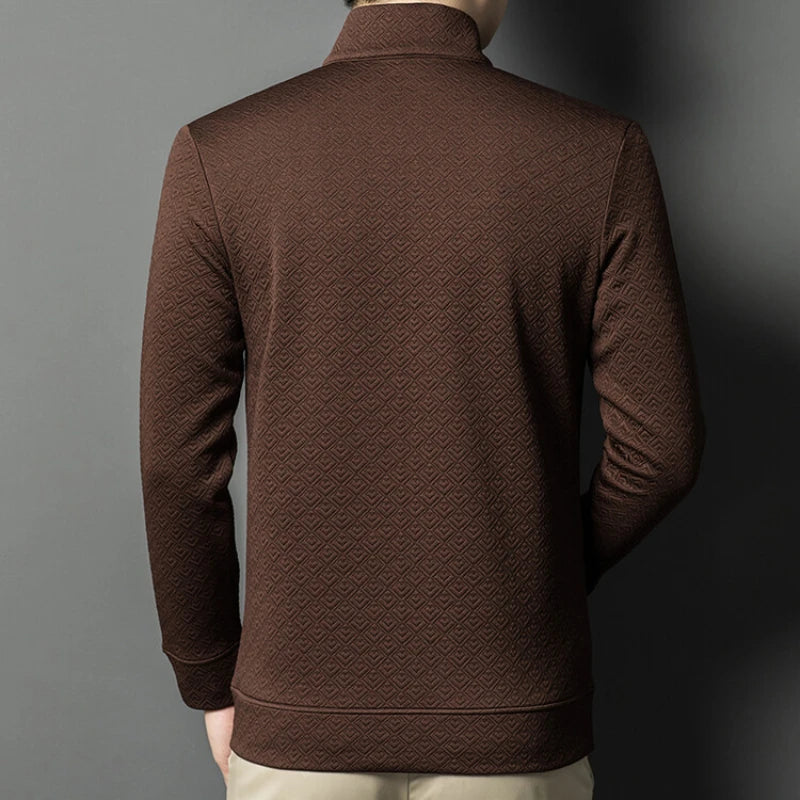 Men's Zipper Stand-Up Collar Long Sleeve T-shirt, Autumn & Winter Fashion Brand Loose Pullover With Advanced Geometric Jacquard Fabric