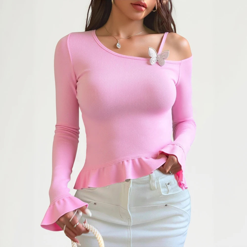 Women's T-Shirts Autumn Chic Youthful Dating Plain Flounce Spaghetti Strap Ruffle Sleeve One-Shoulder Casual T-Shirts
