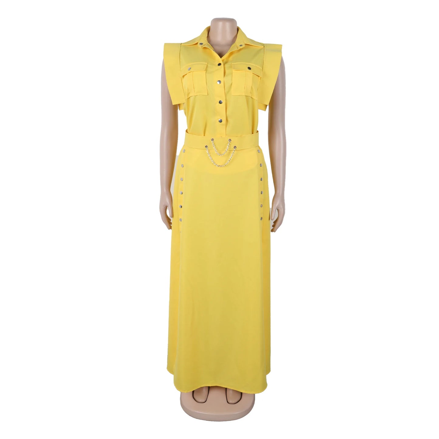 Women's Casual Solid Color Sleeveless Button Front Shirt Blouse and High Waist Big Swing Skirt 2pcs Set