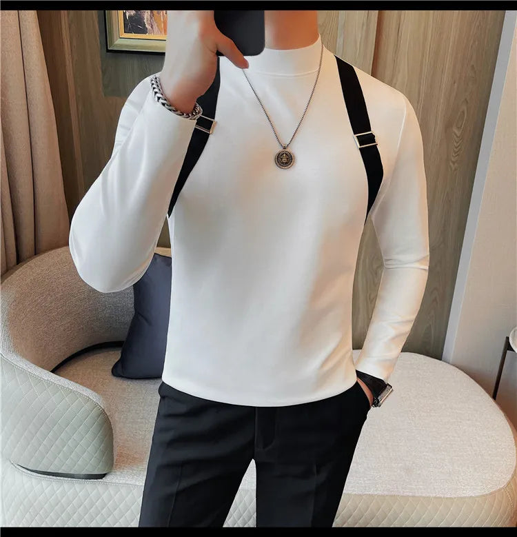 Men's Strap Long-Sleeved T-shirt For Autumn and Winter, Slim Fit Half Turtleneck Bottoming Shirt, Fashion City Knitwear