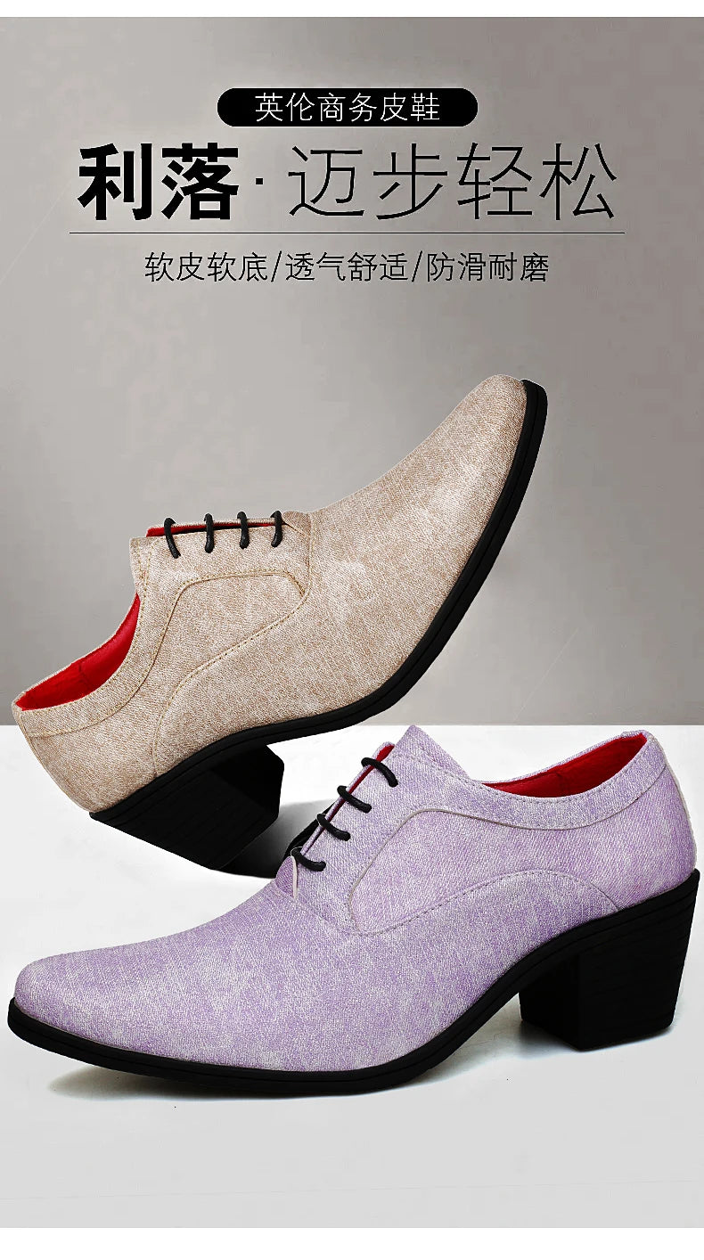 European Style Men Retro Height Heel Formal Dress Oxfords Shoes Purple Gold Male Wedding Party Evening Dressing Shoes