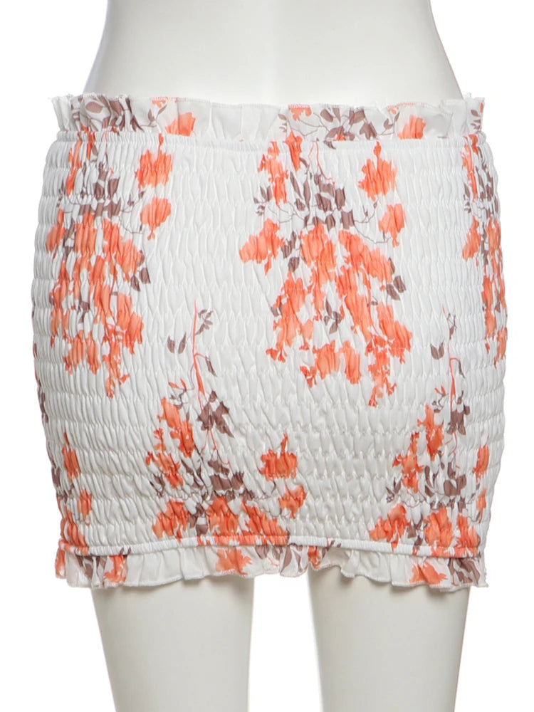 Vacation Thin Women Floral 2 Piece Set Elastic Ruffles Tank Tops + Peach Hip Skirts Matching Clubwear Romantic Outfits
