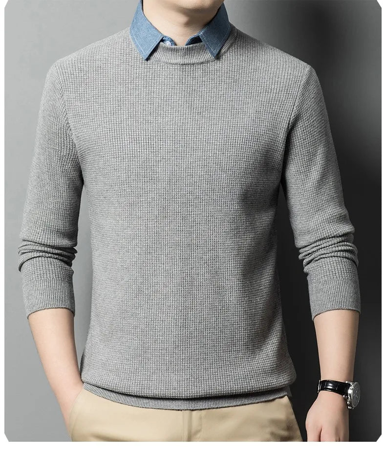 Men's Top Grade Fake Two Collared Fashion, Designer Knitted Pullover Sweater, Casual Brand Slim Fit Male Jumpers