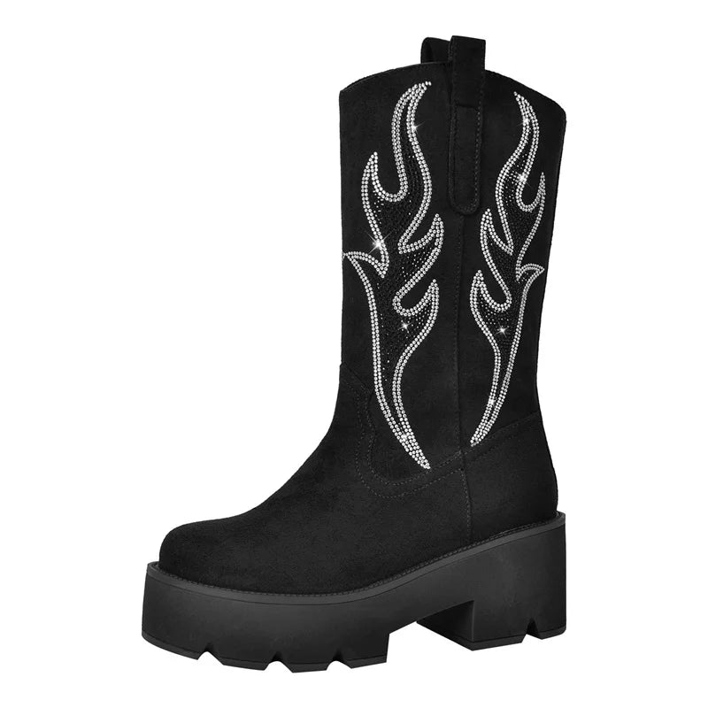 Women Platform Mid Calf Boots Black Chunky High Heels Big Size Lady Short Booties